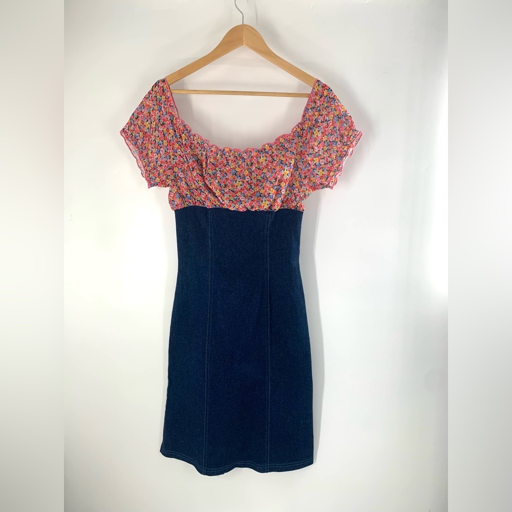 Vintage 90s Y2K No Appt Necessary Womens L Purple  Floral N Denim Dress